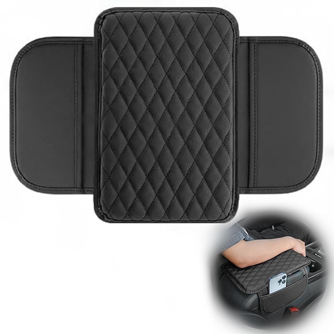 汽车中央控制台皮革记忆泡沫套，带储物袋通用车内配件（黑色）