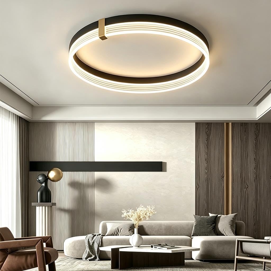 Lampa Sufitowa LED Do Salonu Nowoczesna Luksusowa Okrągła Lampa Sufitowa Cienka Lampa Czarno‑złota Z Aluminium + Akrylu 3000K Do Salonu Sypialni Gabinetu Garderoby(40CM)