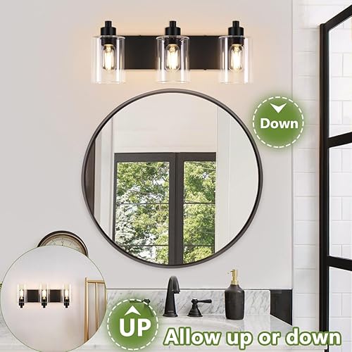 Miniatura 5 de Lámparas de baño, luces de baño de 3 luces negras mate sobre espejo con pantalla de vidrio transparente, apliques de pared para cocina, sala de