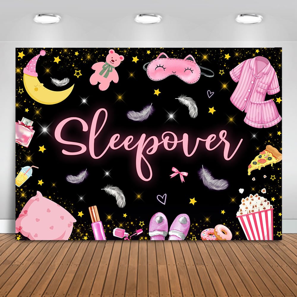Mocsicka Sleepover Party Backdrop Sleepover Pajamas Pillow Fight Pink Black Girl Party Decorations Makeup Slumber Party Banner Cake Table Decorations Photo Booth Props (5x3ft)