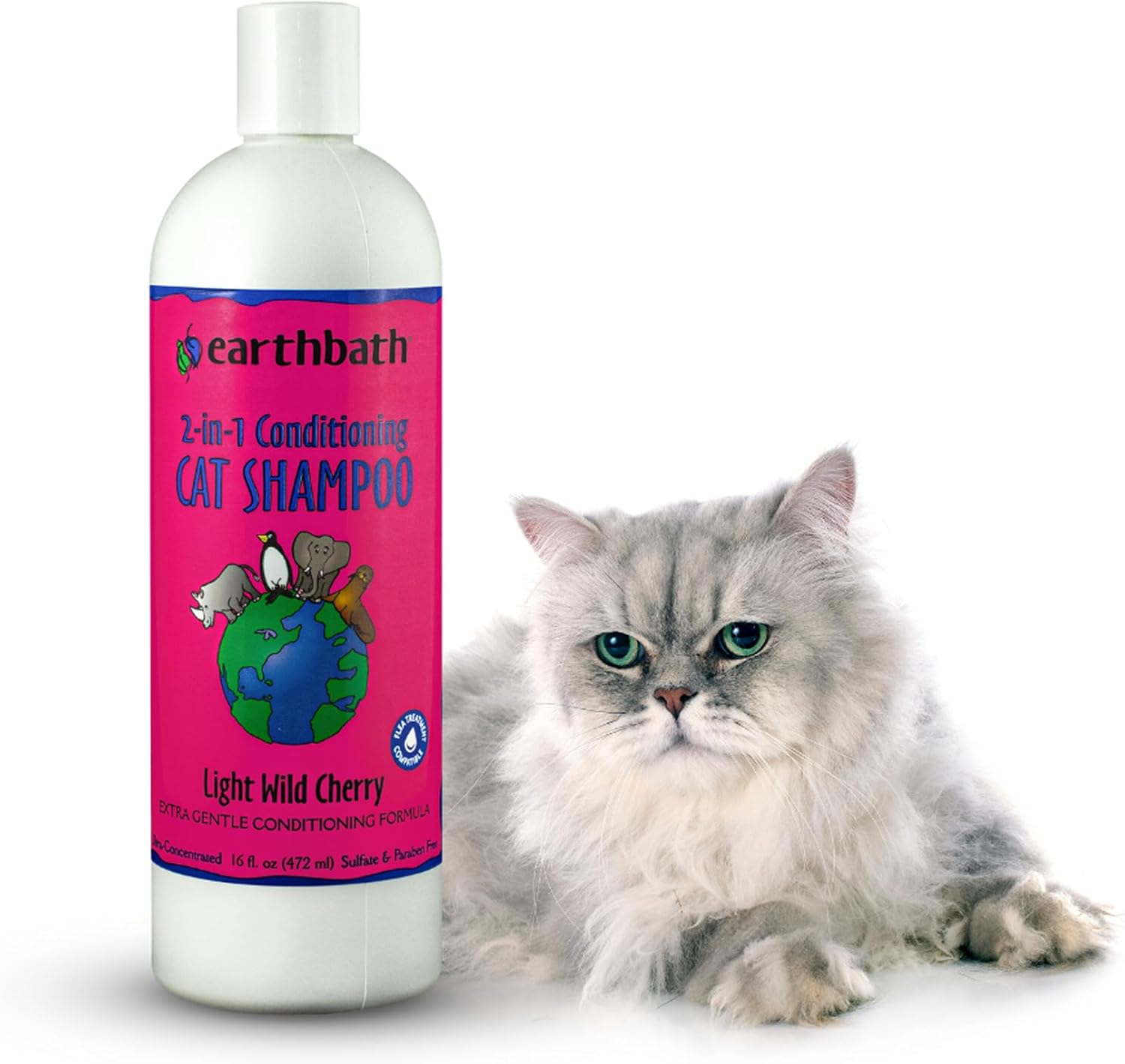 earthbath Wild Cherry 2-in-1 Cat Shampoo & Conditioner - Natural, Cruelty-Free, Gentle for Kittens, Shiny Detangled Fur 16oz