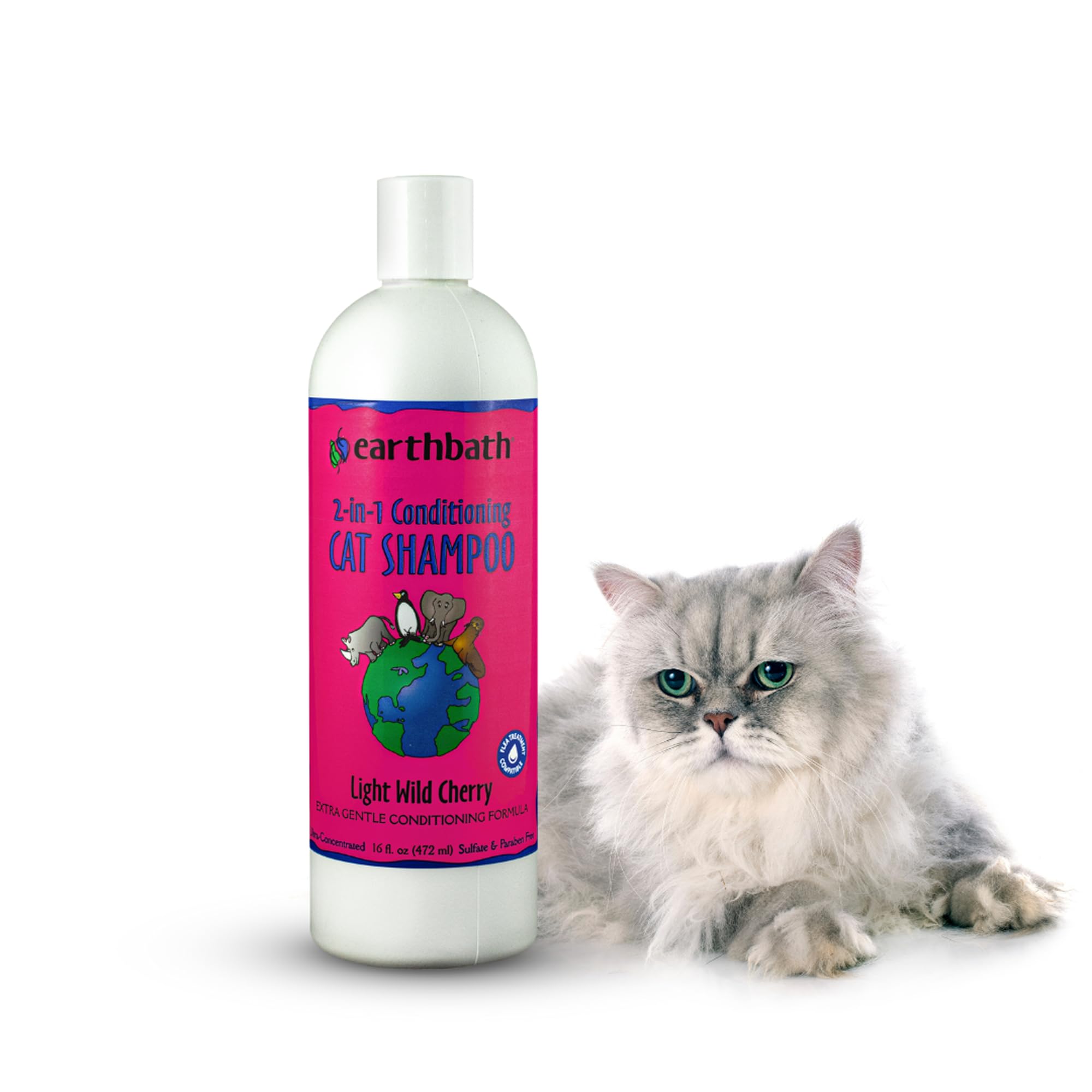 earthbath, Wild Cherry 2-in-1 Cat Conditioning Shampoo - Cruelty Free Shampoo and Conditioner, Made in USA, Gentle Conditioner, kitty Shampoo & Cat Supplies, Safe Wash - 16 Oz (1 Pack)