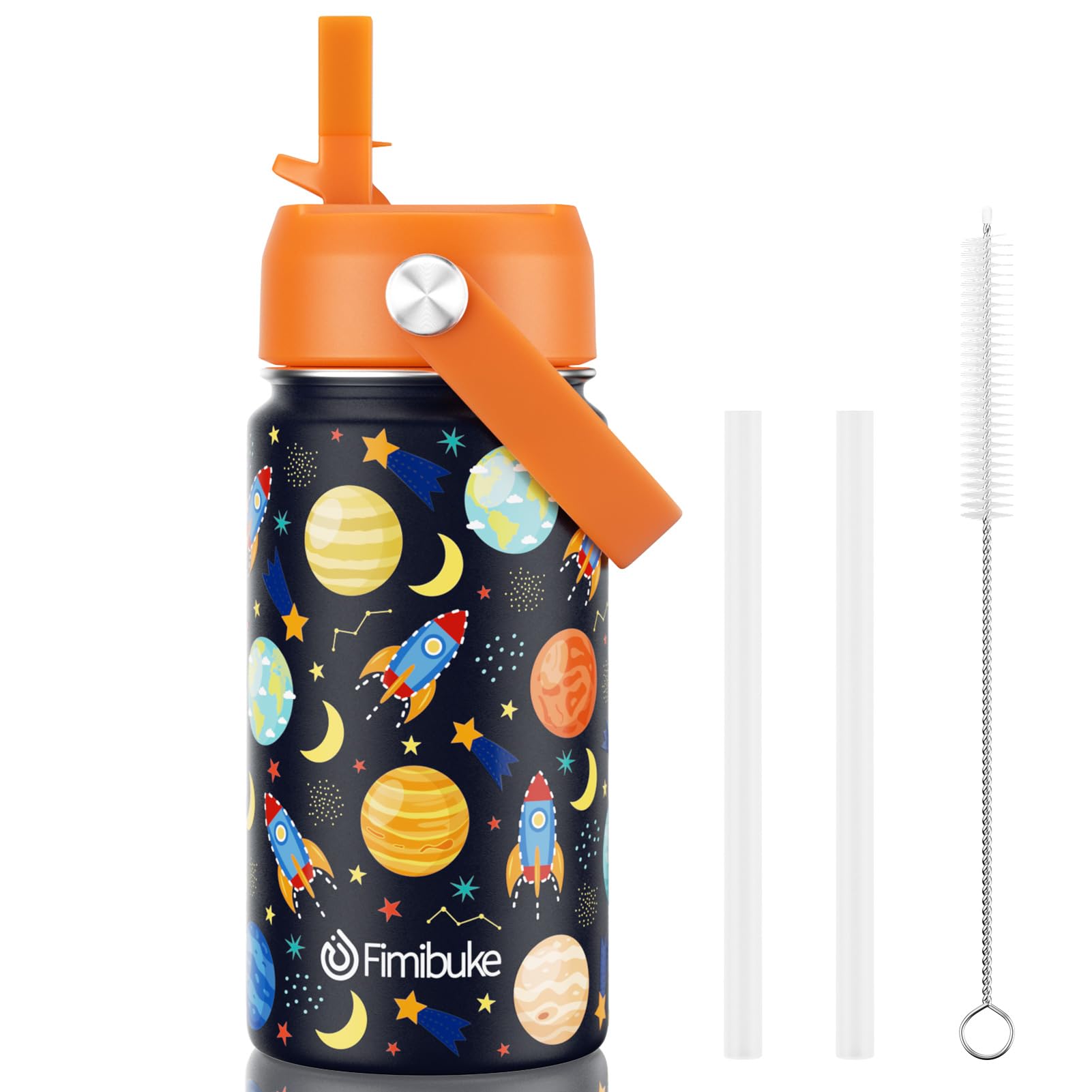 Fimibuke Kids Insulated Water Bottle, 14oz BPA FREE 18/8 Stainless Steel Travel Tumbler Double Wall Vacuum Leak Proof Kids Cup with Straw Metal Water Bottle for School Boys Girls(1 Pack, Space)