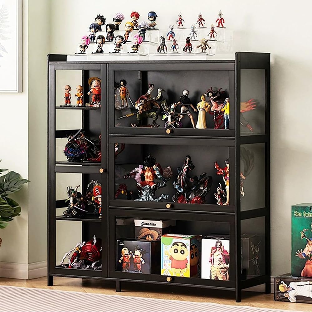 Curio Armadietti vetrina con ante in vetro – moderna cornice in bambù acrilico porta collezione vetrina per arredamento casa, nero (dimensioni: 100 x 33 x 111 cm, colore: nero)