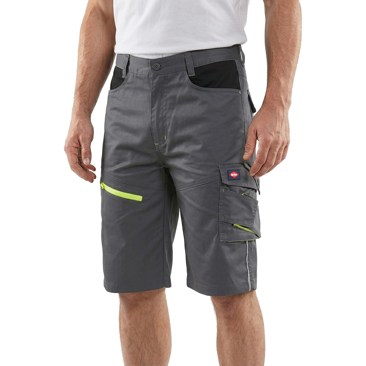 Lee Cooper Men's Hi Vis Work Shorts Reflective Stretchable High Visibility Cargo Detail Multi & Holster Pocket Durable Lightweight Workwear Short Pant for Men Casual Wear (Grey/Black, 34W)
