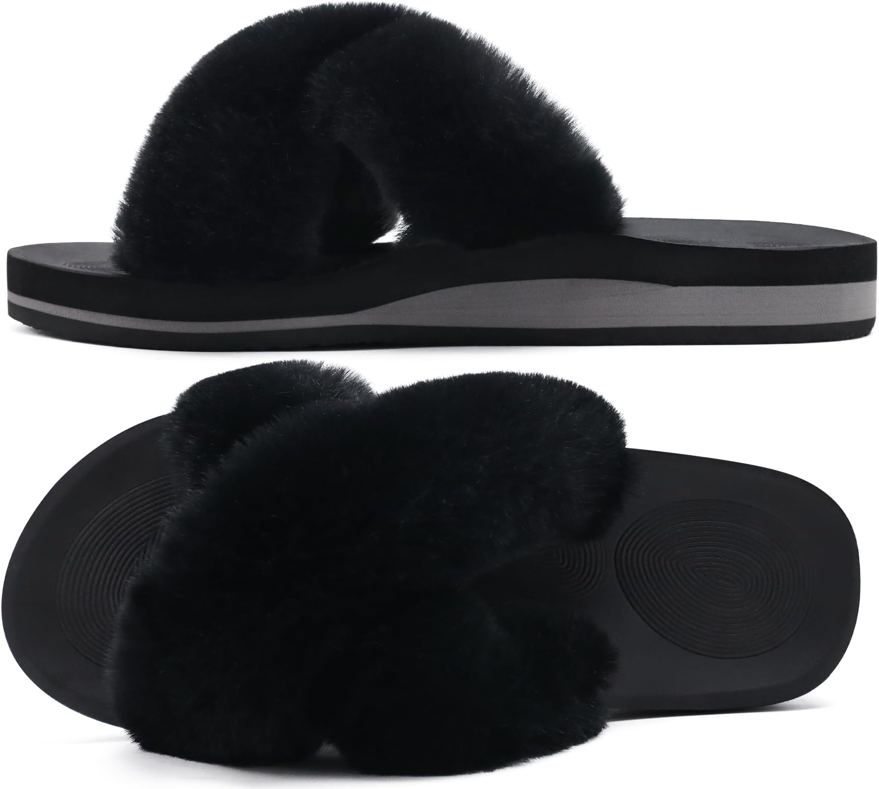 COFACE Womens Fuzzy Slides Fluff Faux Fur Cross Slippers Open Toe Yoga Mat House Slipper Sandals With Arch Support For Indoor/Outdoor