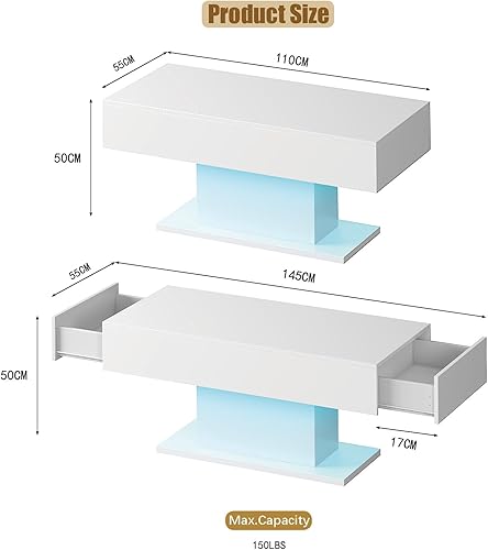 Miniatura 19 de Mesa de centro LED para sala de estar, mesa de centro rectangular, mesas de centro modernas de madera de alto brillo con luces LED de 16 colores