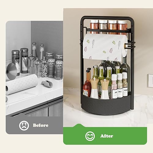 Miniatura 7 de Organizador de especias giratorio de 2 niveles con soporte para toallas de papel, organizador Lazy Susan para condimentos, botellas, tarros, soporte