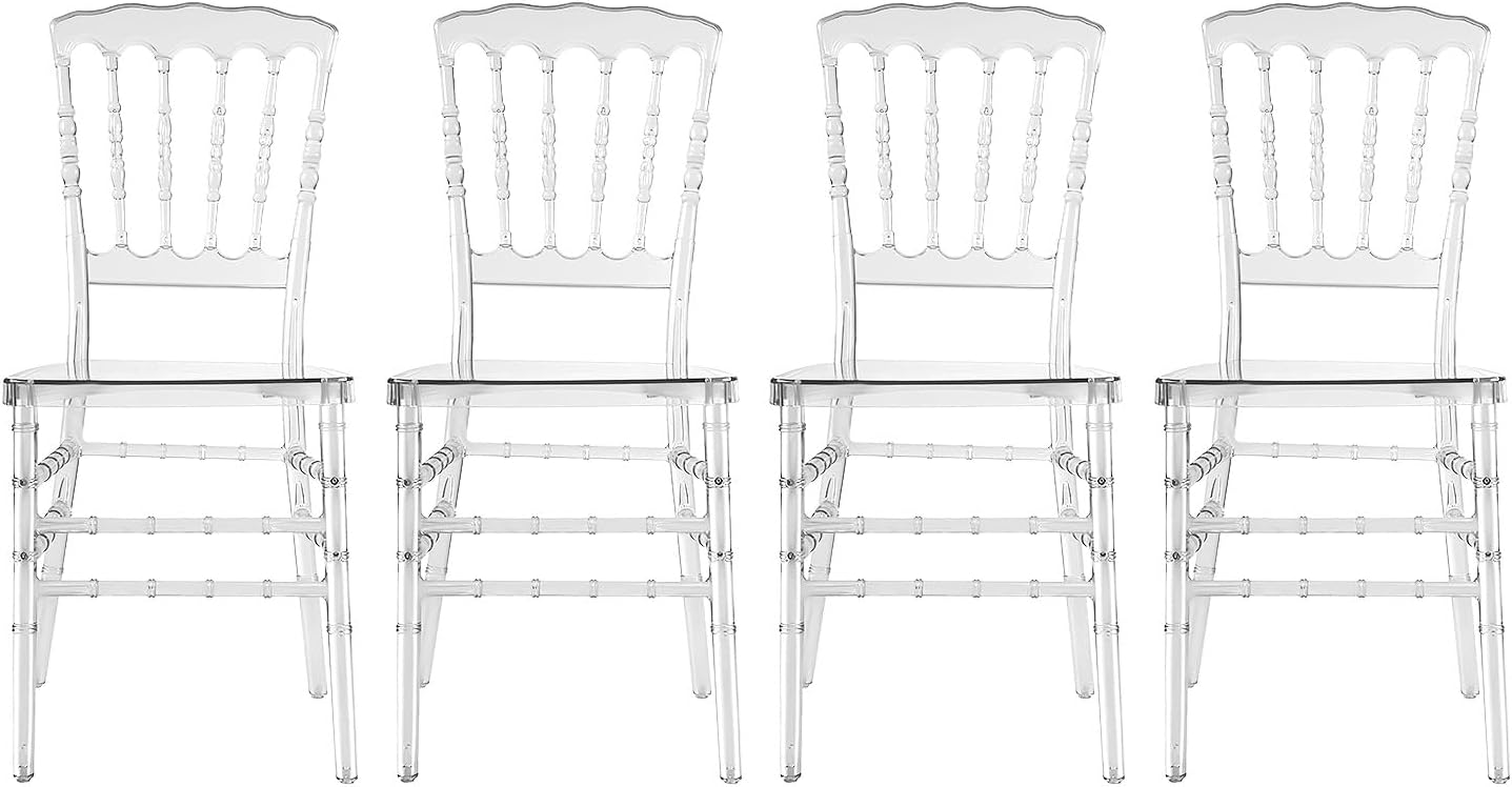 Set of 4 Clear Acrylic Chiavari Chairs, Modern Transparent Ghost Chairs, High-Back Stackable Crystal Dining Chairs for Weddings, Banquets, Events, and Parties (Napoleon)