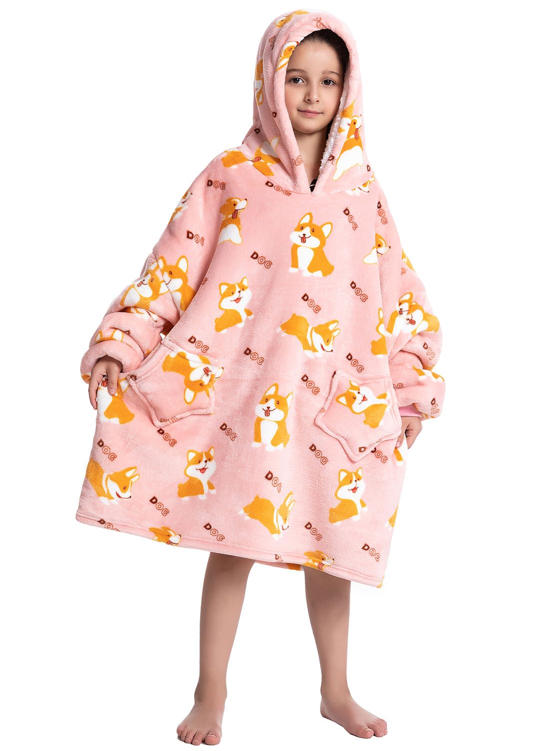 Wenlia Bluza z Kapturem Oversize - Dla Dorosłych, Dzieci, Małych Dzieci, Sherpa, Flanela, Ogromna Pluszowa, Dopasowana, Gruba, Dla Rodziny, Corgi 7-13