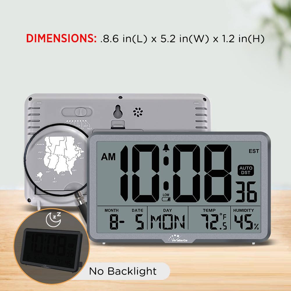WallarGe Orologio da parete digitale a batteria, orologio da scrivania con temperatura, umidità e data, grande display digitale calendario sveglia per anziani, camera da letto, ufficio, 8 fusi orari