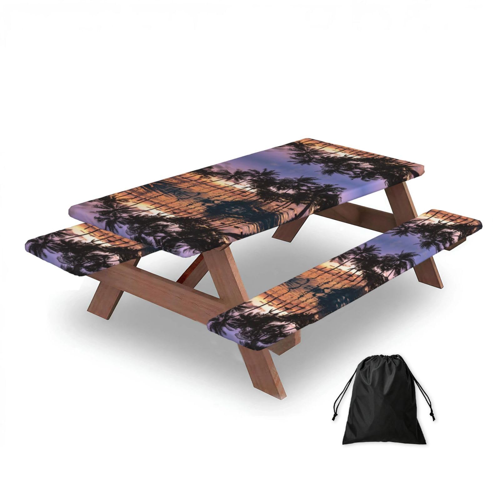 ESNAIUVCD Palm Tree Print Picnic Table Cover With Bench Covers,Camping Essentials,Fitted Tablecloth Cover With Elastic Edge, For Indoor & Outdoor 3 Pcs