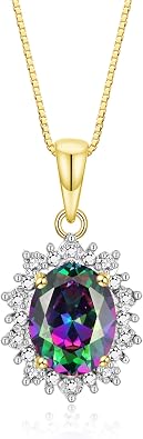 RYLOS Princess Diana Inspired Necklace Gemstone & Diamond Yellow Gold Plated Silver Pendant, 18 Chain, 9X7MM Birthstone, Womens Jewelry