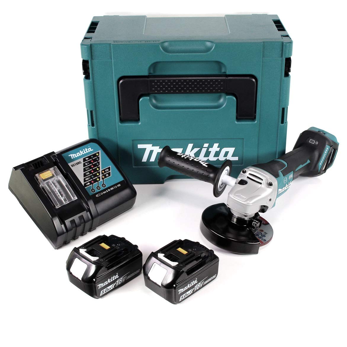Makita DGA 517 RTJ akumulatorowa szlifierka kątowa 18 V 125 mm + 2 baterie 5 Ah + ładowarka + Makpac