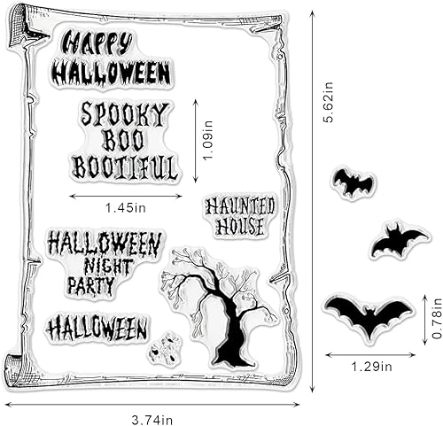 Miniatura 2 de Sellos transparentes de palabras de Halloween para hacer tarjetas, marco de árbol de murciélagos, sellos de goma transparente, sellos de letras para