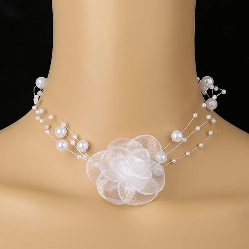 Miniatura 7 de Collares de flores para mujer, collar de flores de rosa, collar de flores de tela bohemia con cadena de perlas para mujer, novia, boda, fiesta,