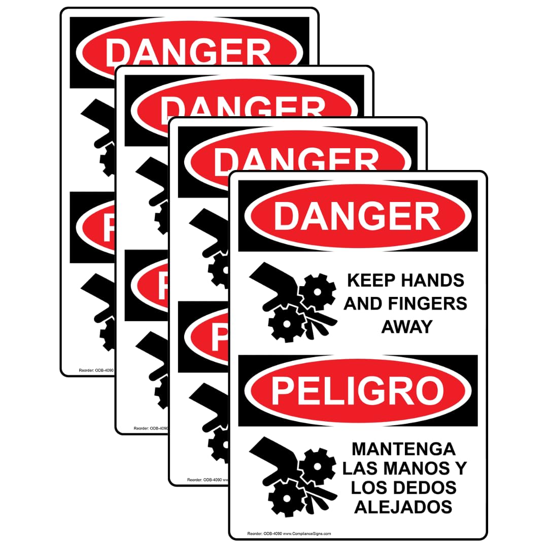 ComplianceSigns.com DANGER Keep Hands And Fingers Away English + Spanish OSHA Safety Label Decal, 5x3.5 in. 4-Pack Vinyl