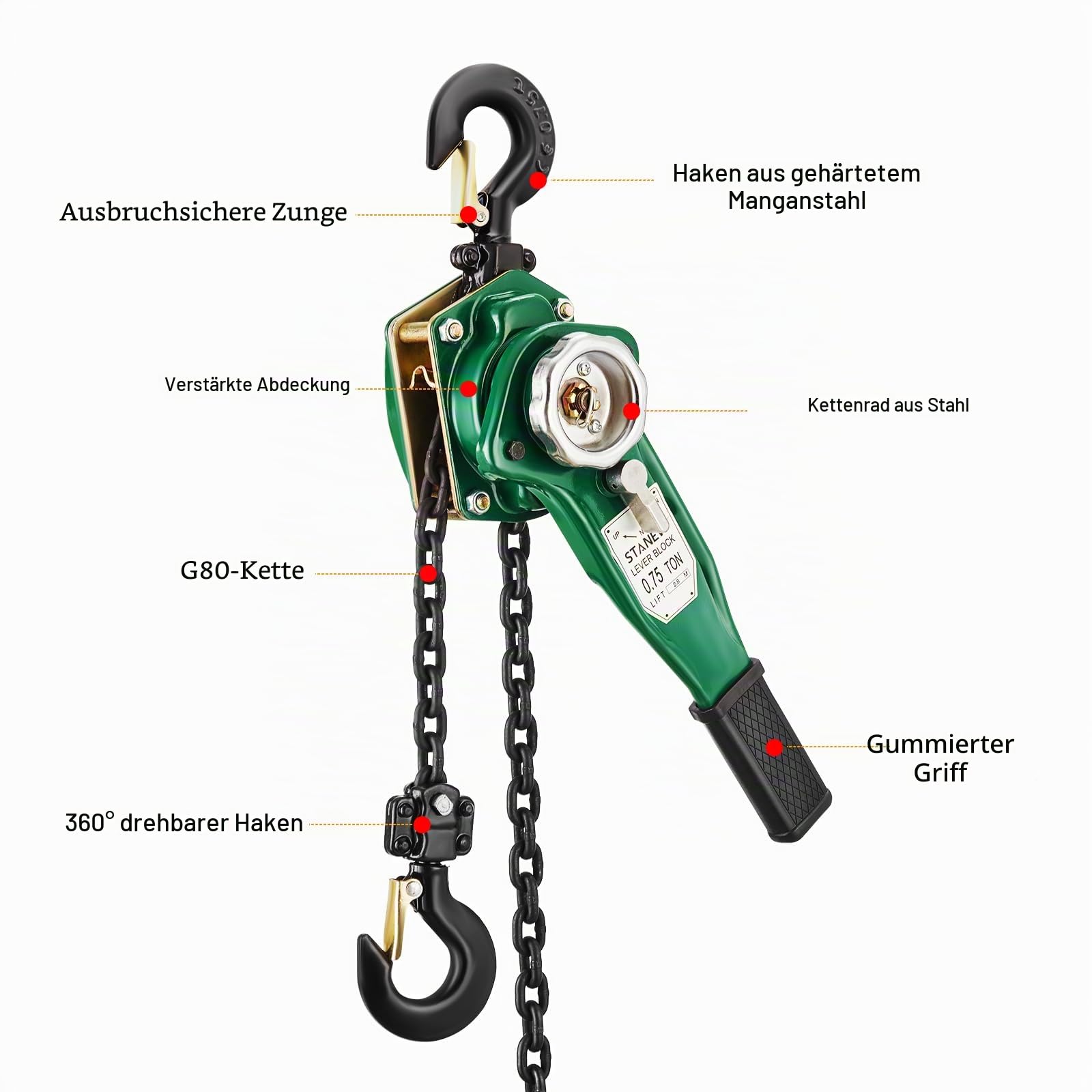 STANEW Hebelzug Kettenzug 0,75t, Hubhöhe bis 2,8m, Kette aus robustem Carbonstahl G80, mit 360° drehbarer Haken | Kette aus Kohlenstoffstahl G80, Haken 360° schwenkbar, mit Linguet. Kompakt, ideal für Werkstatt, Baustelle, Garage