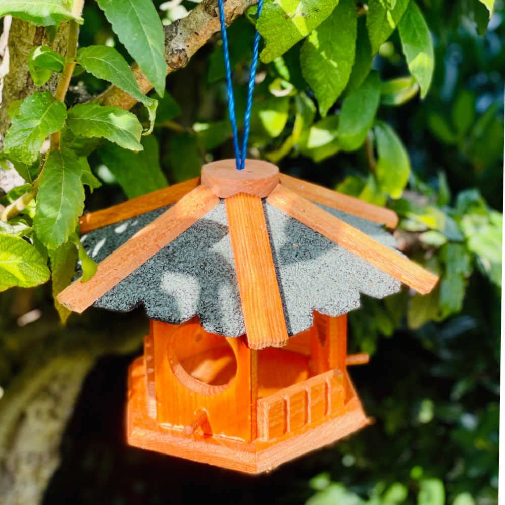 Mangiatoia Per Uccelli XL Esagonale Con Supporto – Casetta In Legno Con Tetto In Scandola Blu, Dosatore Incluso, Marrone/blu - 3