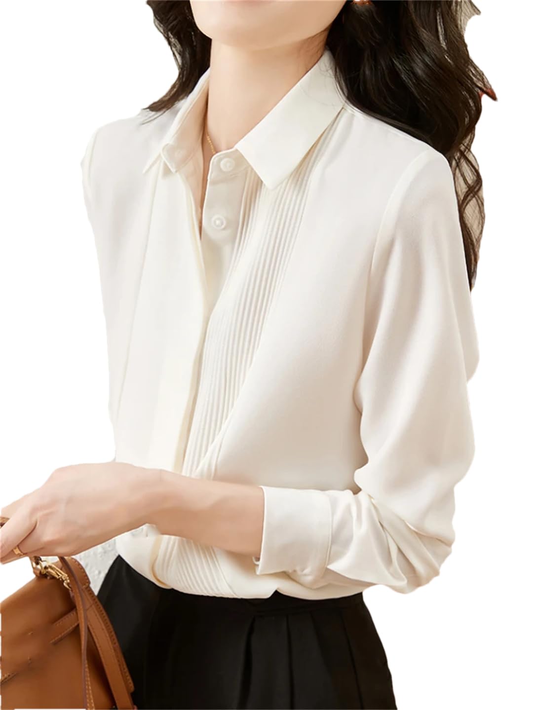 Camicia da donna con risvolto bianco plissettato primavera manica lunga formale base ufficio top