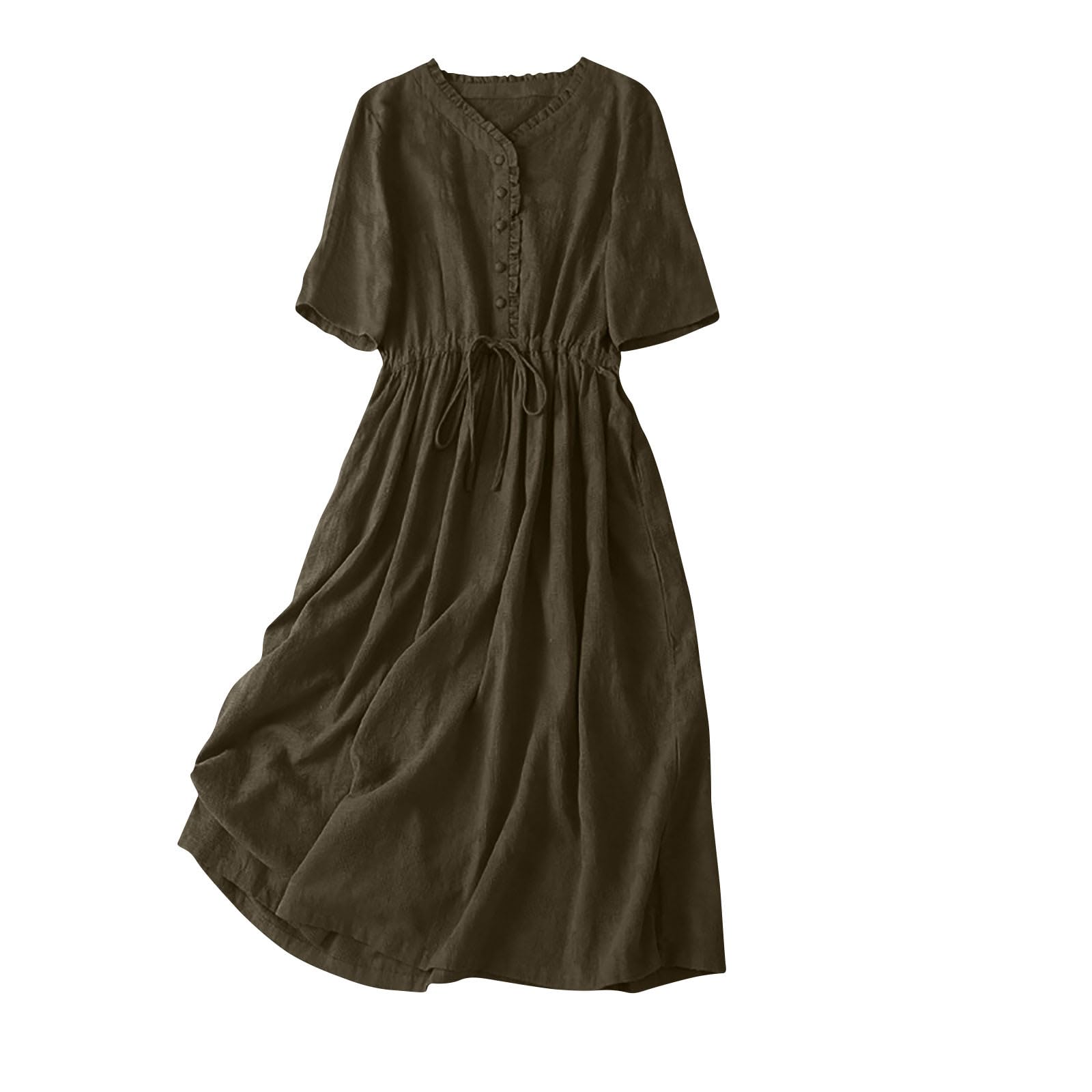 Vestido Mujer Verano Largo Vestidos Casual con Media Manga Cuello en V Color Sólido Elegante Vestido Jacquard con Botones y Cinturón Sueltos Cómodo Vestido Midi Línea A para Uso Diario