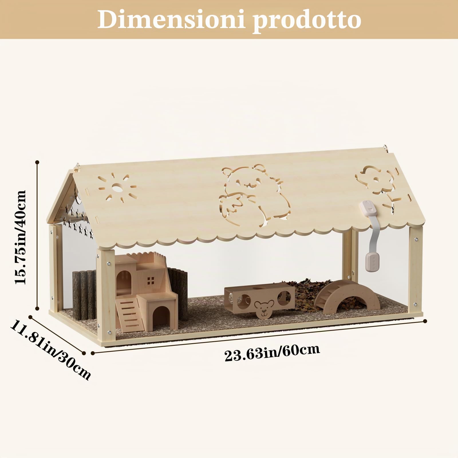 Gabbia per criceti in legno con acrilico, gabbia per criceti nani, 60 x 30 x 40 cm, habitat per piccoli animali con coperchio apribile e scala da arrampicata, gabbia per topi per porcellini d'India