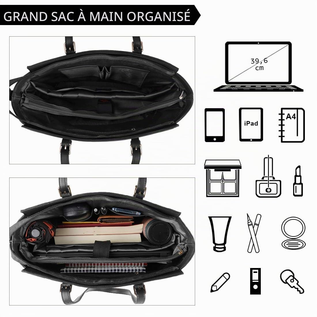 NEWHEY Sac Cabas Femmes Grand PU Cuir Sac de Cours Sac Ordinateur Portable Sac a Main pour Les Cours Lycee 15.6 Pouces