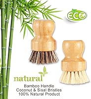 Vista 7 de Juego de cepillos de bambú con plato de cerámica, cepillo de palma de cerdas naturales para fregar ollas de hierro fundido, verduras y limpieza