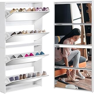 Mirror Shoe Storage Cabinet for Entryway Slim, White Wood Shoe Rack Orga...