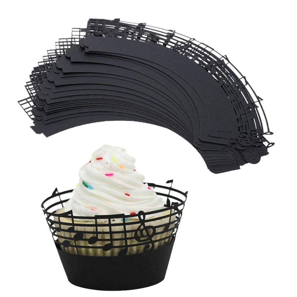 Delaman® 50Pcs Cupcake Papper Wrapper Musical Notes Hollow Out Muffin Topper for Wedding Birthday Party Decoration Black