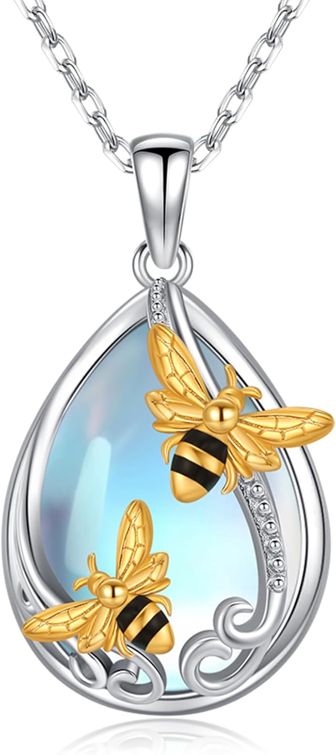Bee/Butterfly/Dragonfly/Owl Necklace for Women 925 Sterling Silver Moonstone Animals Pendant Necklace Animals Jewelry Gifts for Women Girlfriend Mom