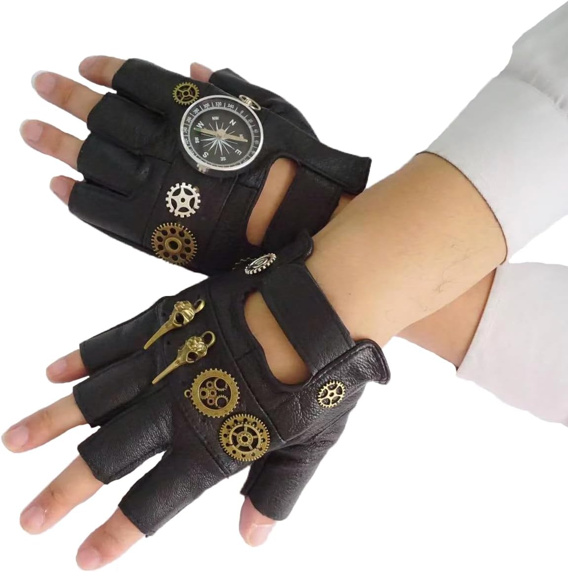 Leather Steampunk Gloves Gears Gothic Mens Rocker Punk Accessories Fingerless Mittens Black