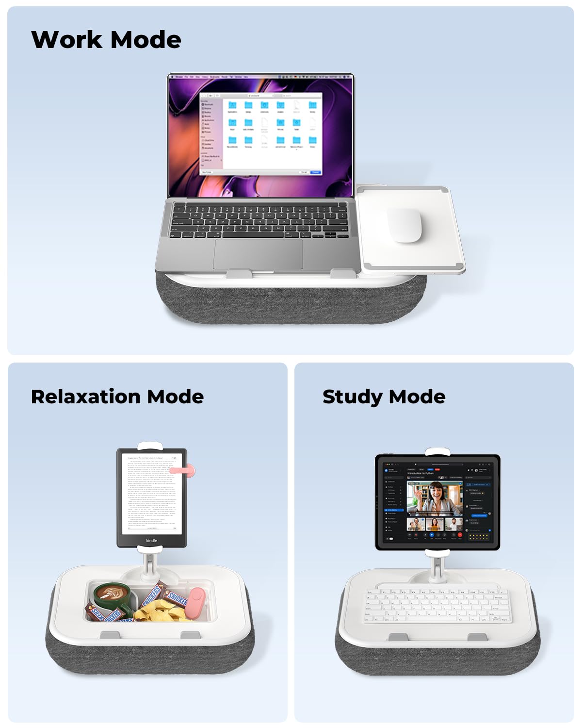 Viozon Tablet-Kissenständer, Kindle-Halter und Schoß-Schreibtisch, kompatibel mit 11,9 - 13 Zoll Tablets/Handys und 25,4 - 38,1 cm Laptops, Silikon-Getränkehalter, Snackschale, magnetisches Mauspad