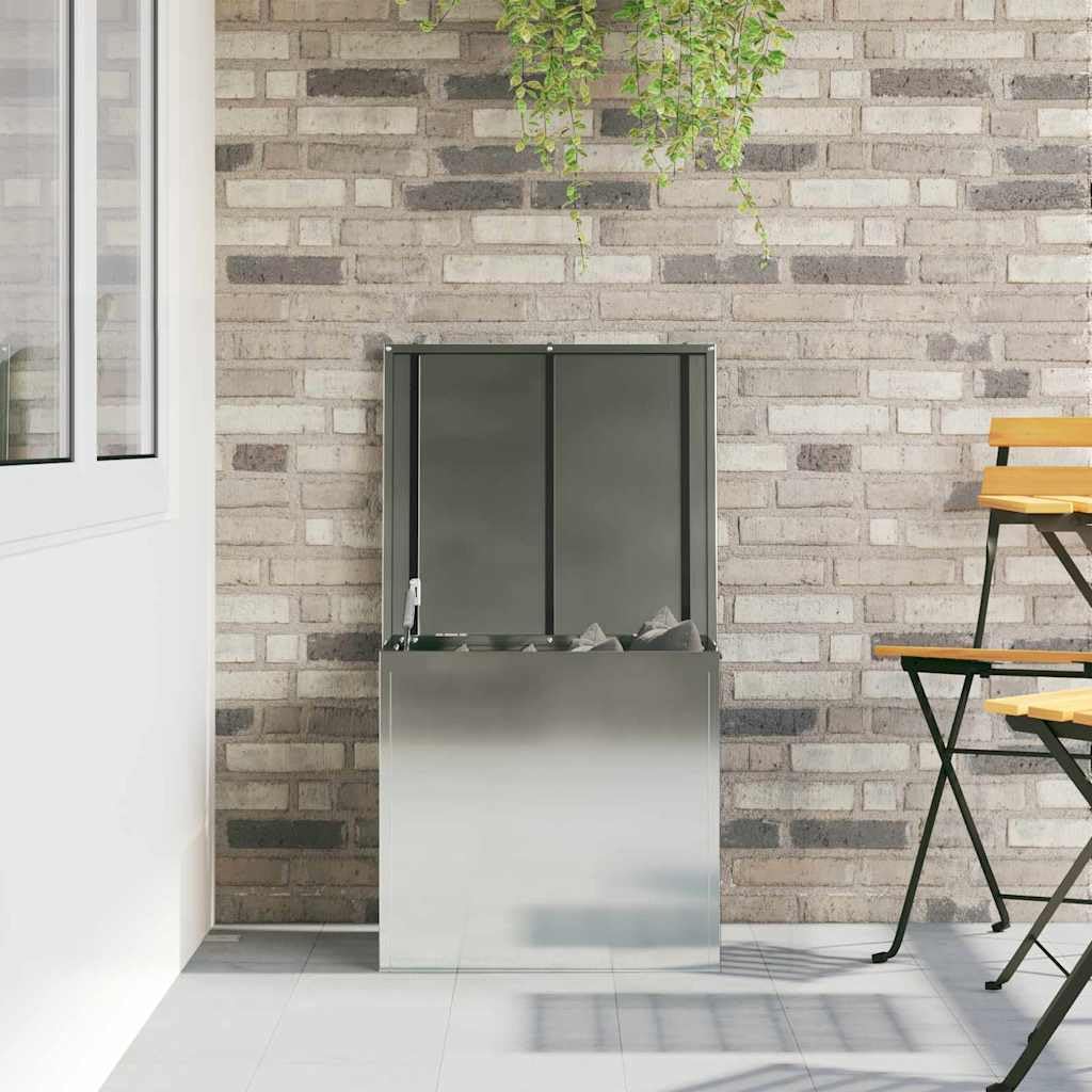 Contenitore industriale per esterni in acciaio argentato, 55 x 50,5 x 50 cm, con coperchio a gas per un facile accesso, resistente alle intemperie, per giardino e terrazza, design salvaspazio