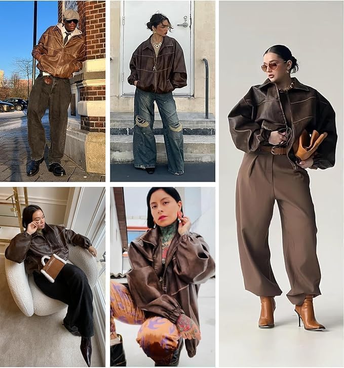 KHAL Womens Oversized Faux Leather Jacket Y2K Vintage Jacket for Women Plus-Size Motorcycle Coat Edgy Style Fall Fashion 2025 - Image 4