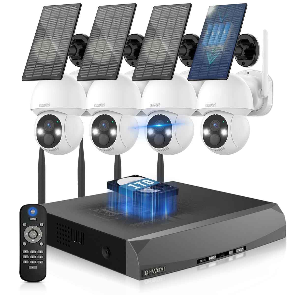 《100% Solar Powered》Outdoor Wireless PTZ Camera System, 4MP Solar Powered Battery Cameras Systems, Home Video Surveillance DVR Kits