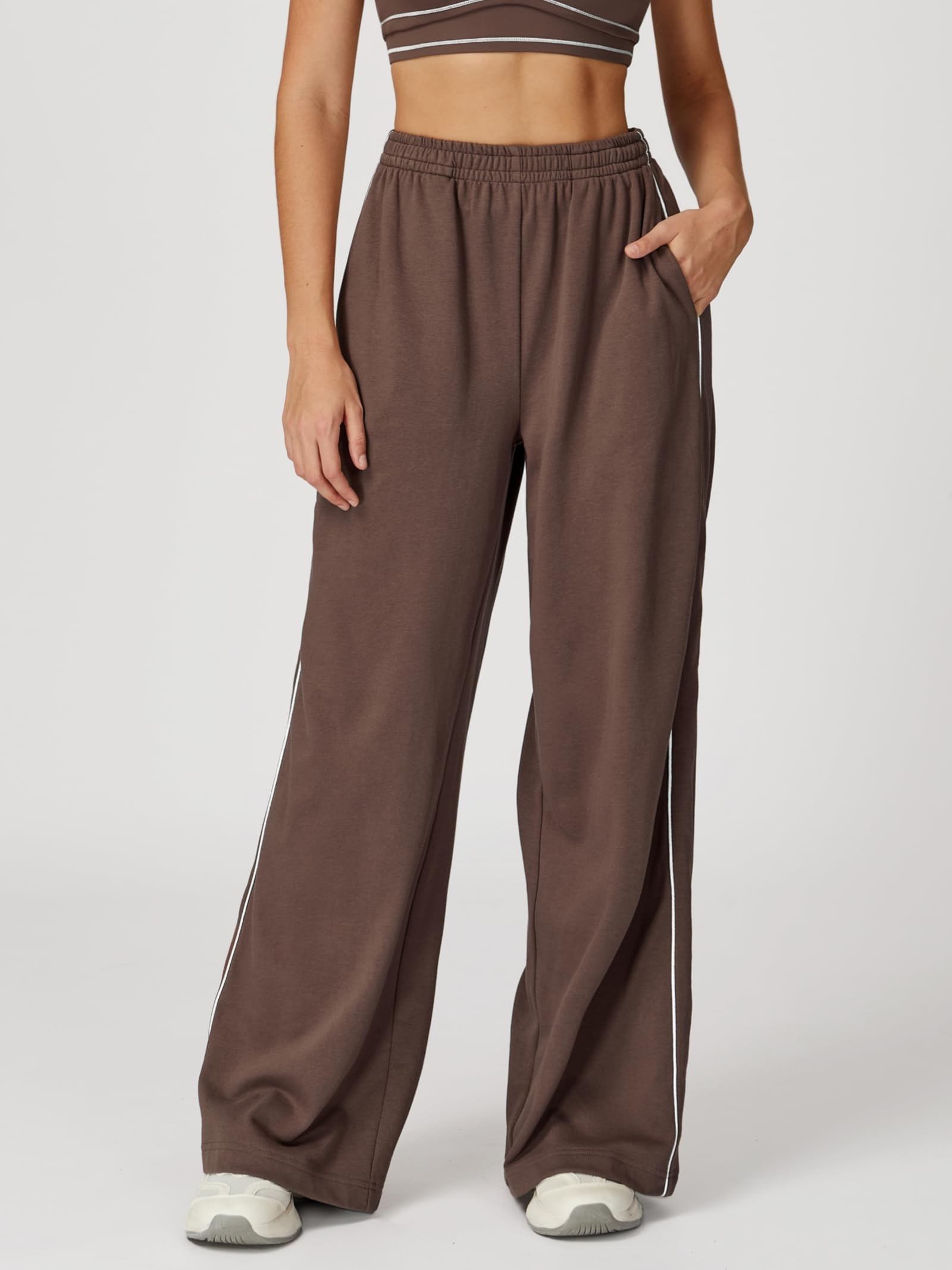 Damska prosta nogawka podwójna STRI Loungewith Wide Leg High Waist Baggy Track Elastyczna talia Bawełna Stretch Kontrast