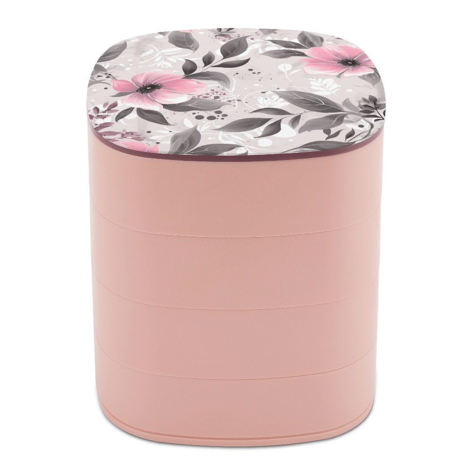 VstaDank Pink Flowers And Leaves on Gray Jewelry Box 360° Rotatable Jewelry Organizer 4 Layers Jewelry Case with Lid Fashion Portable Earring Holder for Bracelets Rings Bracelets Vanity