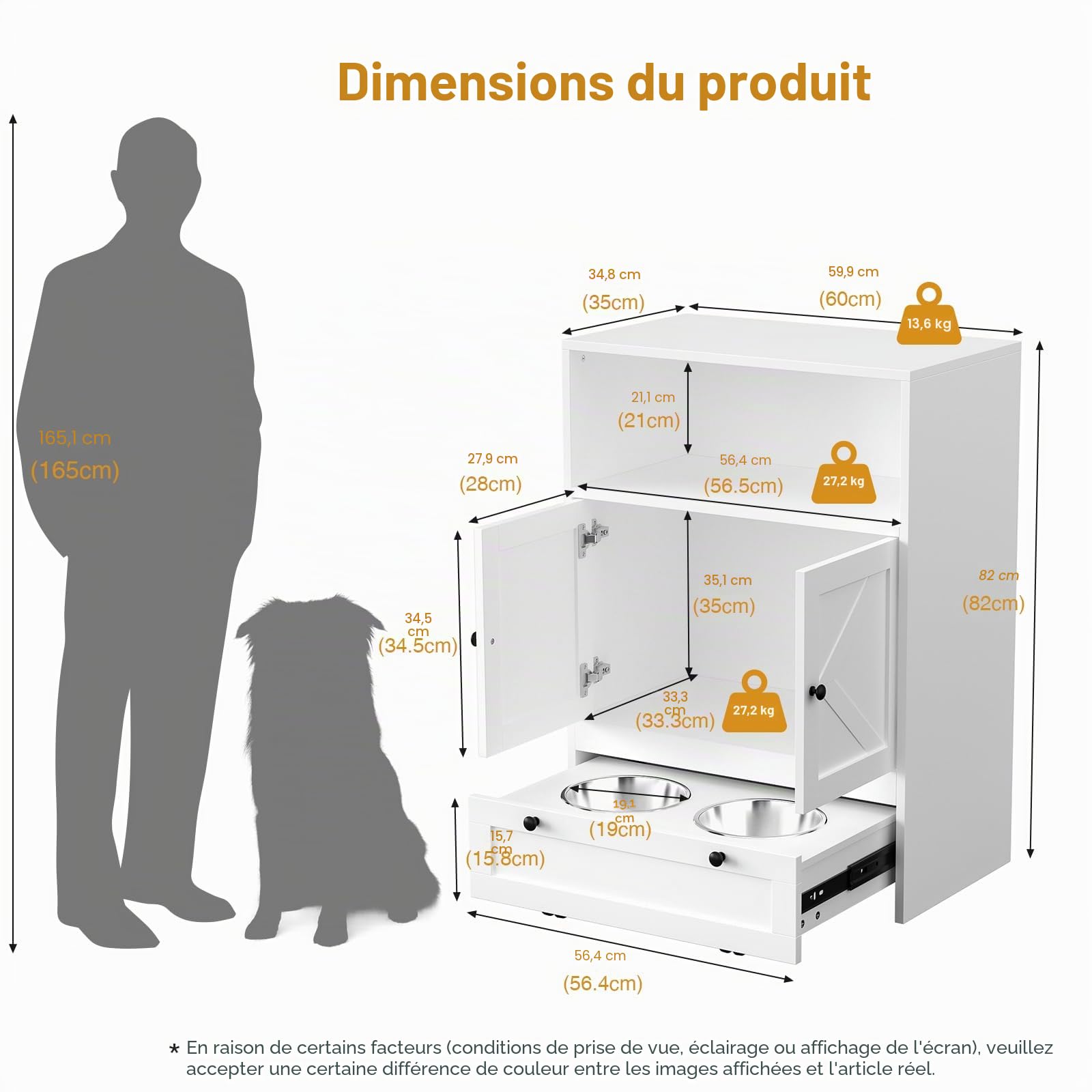 Meuble de Rangement pour Animaux de Compagnie avec 2 Gamelles en Acier Inoxydable, Armoire d’Alimentation 2 en 1 avec Grand Espace et Dispositif Antidumping, 60 x 35 x 82 cm