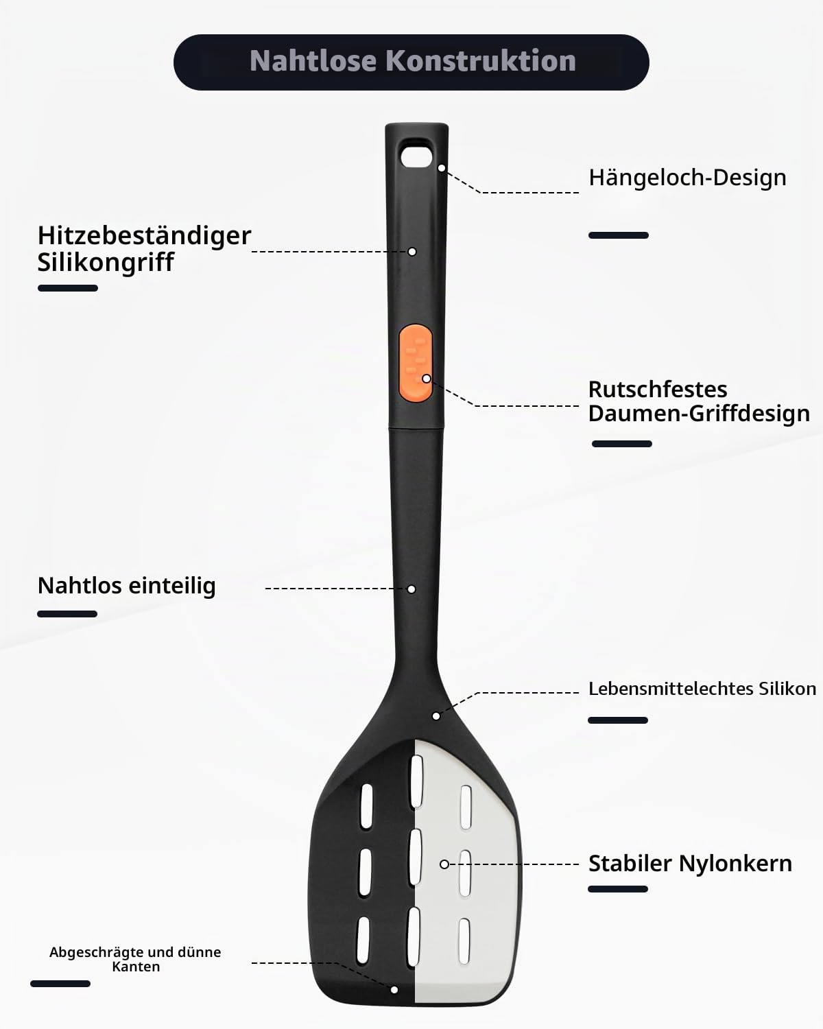 Silikon-Kochspatel und Spaghetti-Löffel, hitzebeständiges Vollsilikon-Kochutensilien-Set, antihaftbeschichtet, groß, Küchenspatel, Löffel zum Kochen, Mischen, Servieren, Abtropfen (schwarz)
