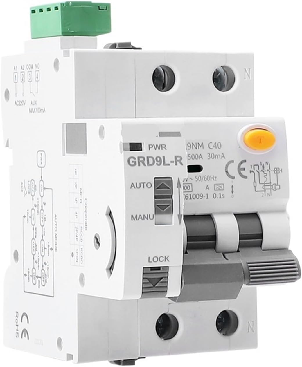 Type A RCBO Auto Recloser Leakage Circuit Breaker With Overcurrent Protection 40A 30mA RCD Electromagnetic 1Pcs(Type AC 2P 40A 30mA)