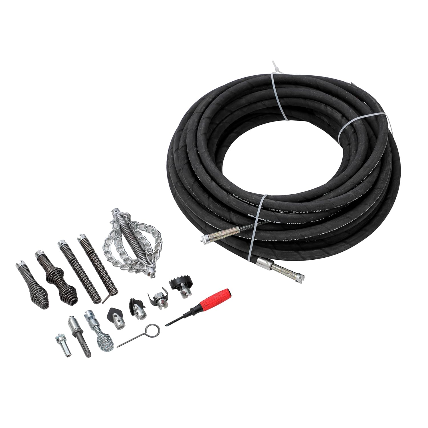 KATSU Tools Blockage Removal Kit 8mm x 20M, Drain Cleaning Cable Drill Attachments, Multi Descaling Cutters and Drain Chain, for Sink, Toilet, Drain Unblocking 318733