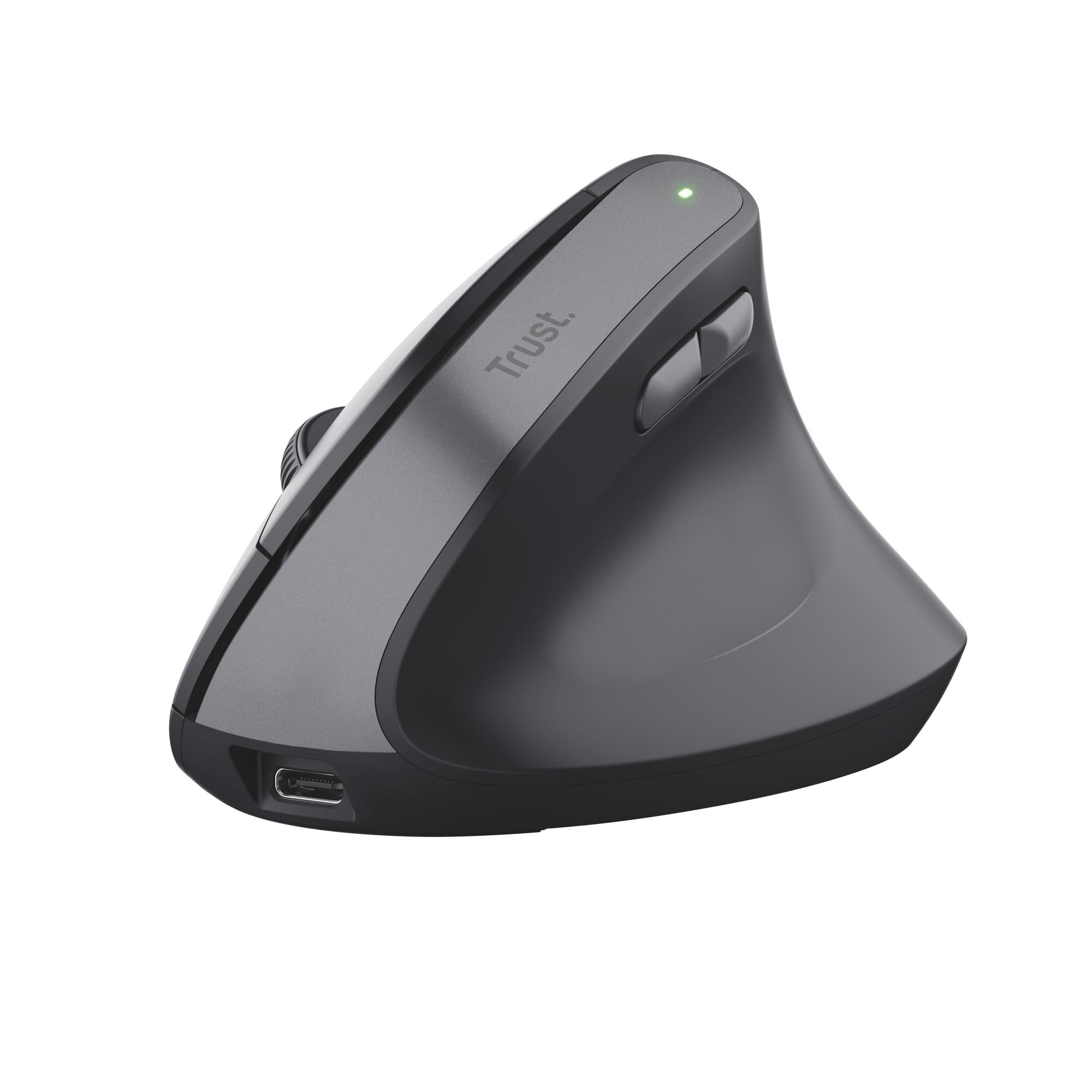 Trust Yuno Mouse Ergonomico Senza Filo, Mouse Verticale Ricaricabile, Ricevitore USB da 2,4GHz, DPI Regolabile (800-2400), Sensore Ottico, 6 Pulsanti, 70% Plastica Riciclata, Macbook, Computer - Nero