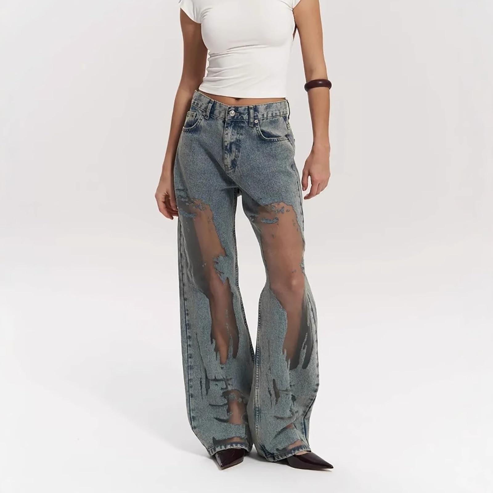 Damskie Jeansy Vintage z Siateczki Patchworkowej Seksowne Luźne Swobodne z Wysokim Stanem i Szerokimi Nogawkami Dżinsowe Spodnie Hip-hopowe Boyfriend Luźne Streetwear Sprane Zniszczone Jeansy