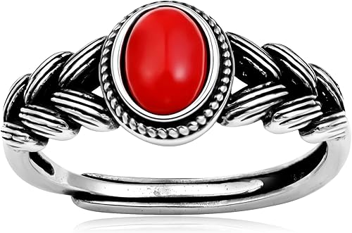 Silver Red Carnelian Oval Ring Vintage Red Stone Adjustable Rings for Women Boho Jewelry