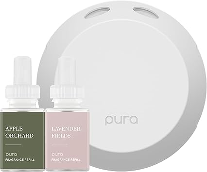 Pura Smart Home Fragrance Device Starter Set - Pura 4 - Scent Diffuser for Home - Includes Fragrance Aroma Diffuser - Square Box, Apple Orchards and Lavender Fields Scent Refills