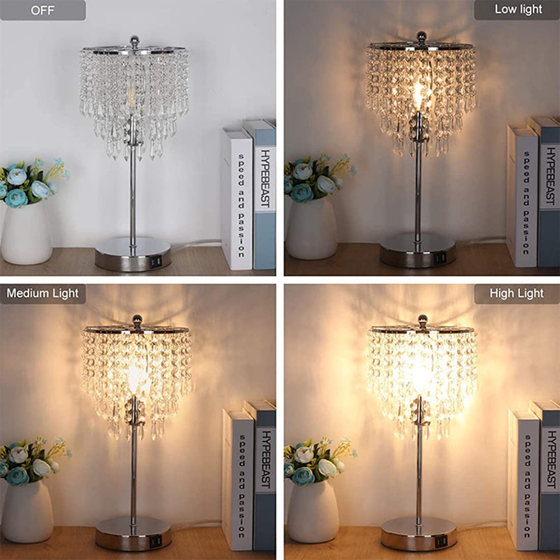 GyroVu Lampada da Tavolo in Cristallo, Lampada da Comodino Nera con Porte USB C+A, Lampada a Tocchi Dimmerabile a 3 Vie per Comodino per Camera da Letto, Soggiorno, Ufficio (Lampadina Inclusa