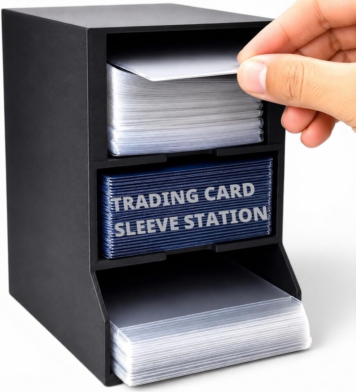 Trading Card Toploader & Penny Sleeve Organizer Station – 3 Compartment Card Storage Dispenser for Sports Cards, TCG & Collectible Cards, One-Hand Access, Made in USA