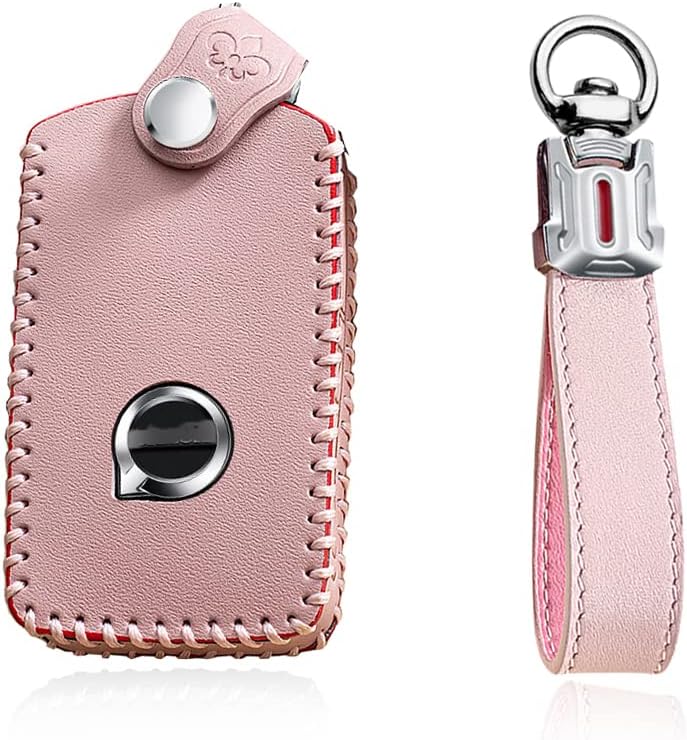 SANRILY Cowhide Leather Key Fob Cover for Volvo XC90 2017 2018 2019 XC60 S90 V90 Key Fob Keyless Full Protection Smart Key Case with Keychain Pink