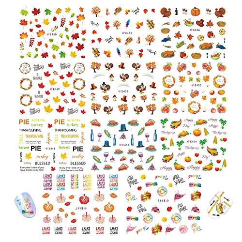 Fall Nail Art Stickers 11 Sheets Thanksgiving Day Autumn Nail Decals Include Maple Leaves, Pumpkin, Strong Turkey Pattern Designs Set for DIY Manicure Tip Wraps Decorations Supplies